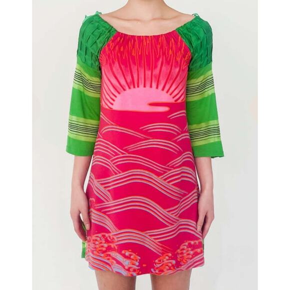 Custo Barcelona Two Tone Sunrise Printed Dress Cutout Crop Sleeves Sz 1 XS EUC - Picture 3 of 16